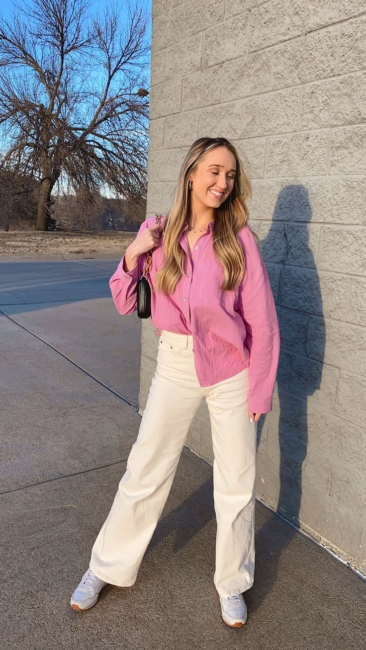 Pink Button-Up Shirt with White Pants